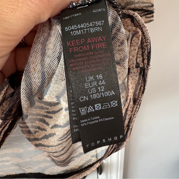 Topshop Sheer Tiger Print Mesh Mini Dress Long Sleeve Bodycon Size US 12 - Picture 3 of 5